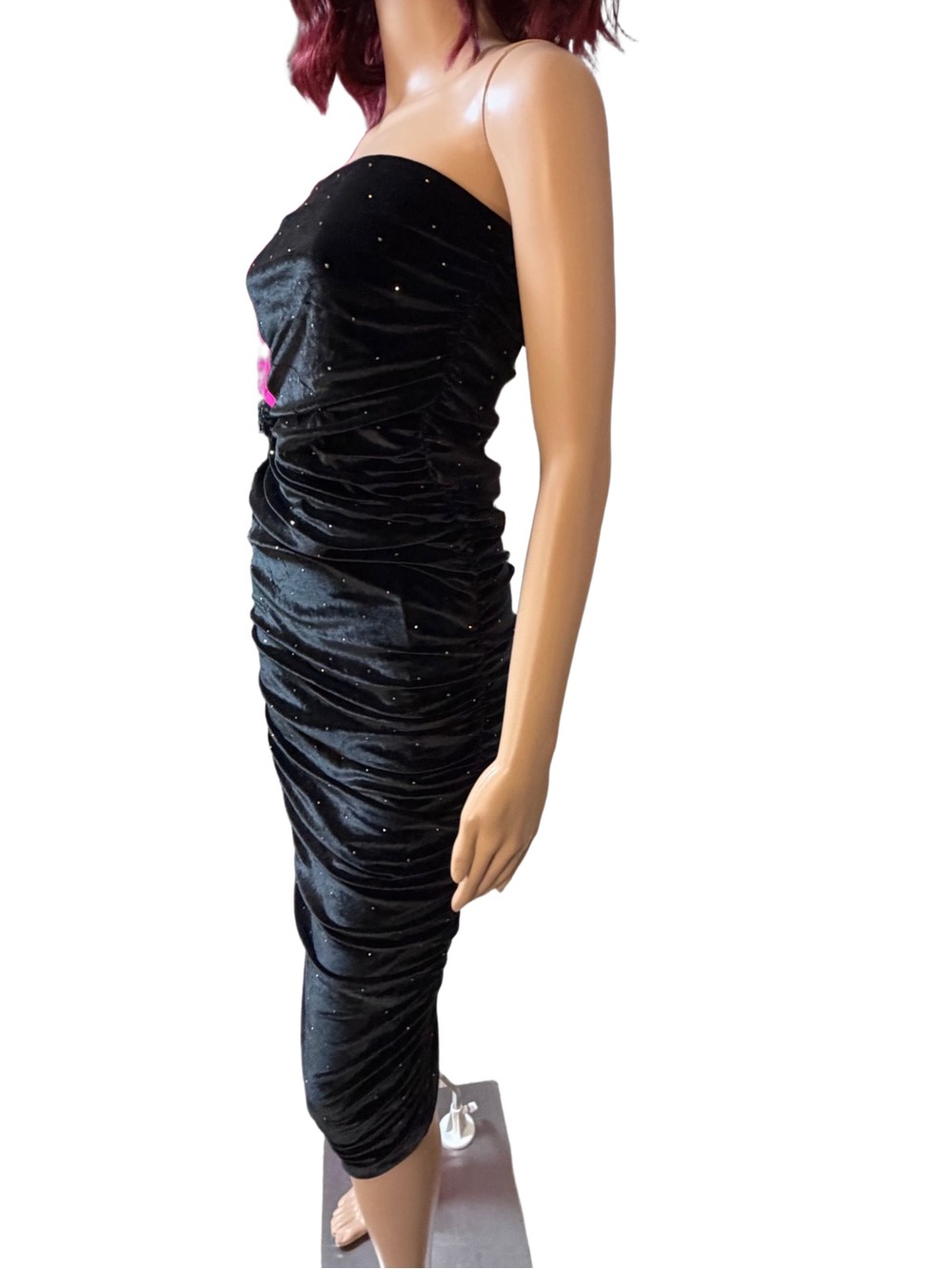 Akira NWT Sz S Chic Strapless Black Ruched Velvet Body- Con Midi Dress (0788)